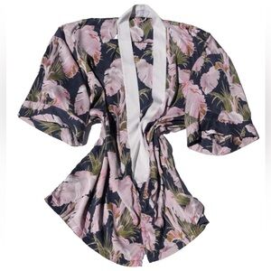 Olivia Von Halle Lila Palm Print Silk Short Kimono Robe Floral Print No Belt